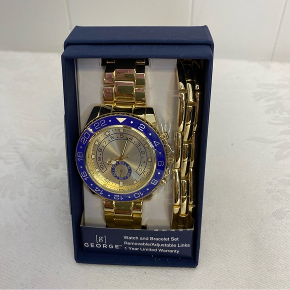 GEOGRE GOLD ADJUSTABLE/REMOVEABLE LINKS MEN'S WATCH & BRACLET SET - Picture 2 of 2